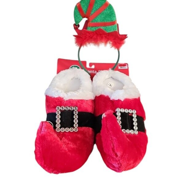 NWT plush stuffed Santa Christmas X-mas slippers & headband festive Size 7/8 - Picture 4 of 14